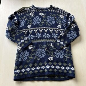 Vintage 90s Basic Editions Sweater Womens Medium Blue Fair Isle Floral Knit USA